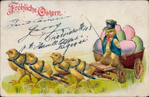 Glitter Postcard Congratulations Easter, chicks, carts, Easter eggs