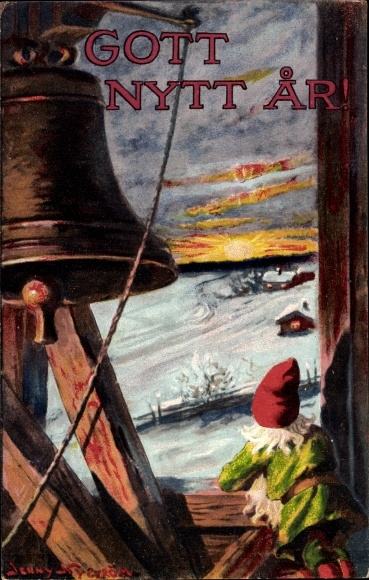 Artist Postcard Nyström, Jenny, God Nytt Ar, New Year, Dwarf, Bell