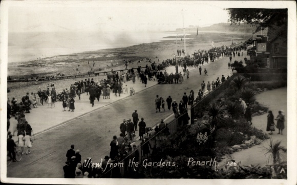 Postcard Penarth Wales, view of the seafront promenade, many people, landscape, buildings