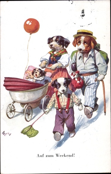 Artist Postcard On to the weekend, humanized dog family, baby carriage