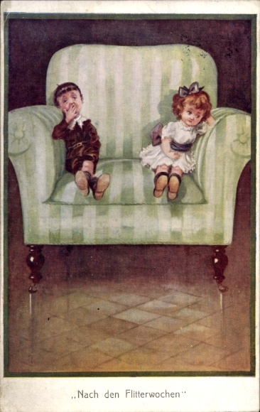 Artist Postcard After the honeymoon, two bored people sitting on armchairs