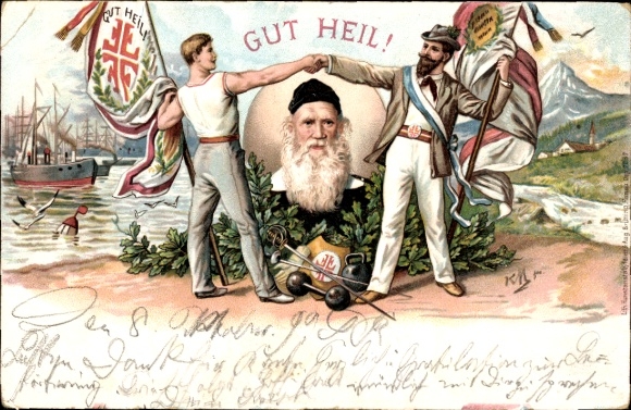 Artist Chromo-Litho Gut Heil, gymnasts shaking hands, gymnastics father Jahn, gymnastics festival in Hamburg, 1898