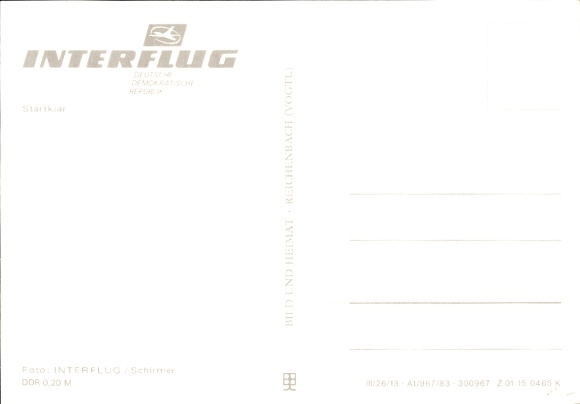 Postcard German passenger aircraft, Interflug, ready for takeoff, pilot