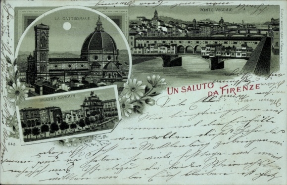 Mondschein Litho Firenze Florenz Toscana, Kathedrale, Brücke, Platz, Nacht
