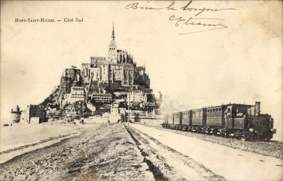 CPA Mont Saint Michel Manche, vue du ville, train