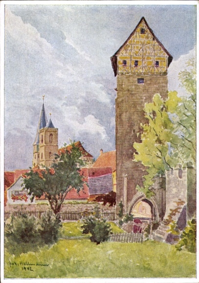 Postcard Münnerstadt in Lower Franconia Bavaria, Jörgentor, parish church