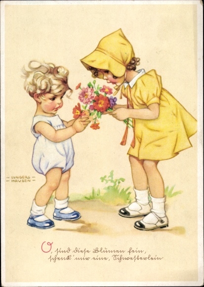 Artist PC Lungershausen, Ilse Wende, girl in yellow dress, bouquet of flowers