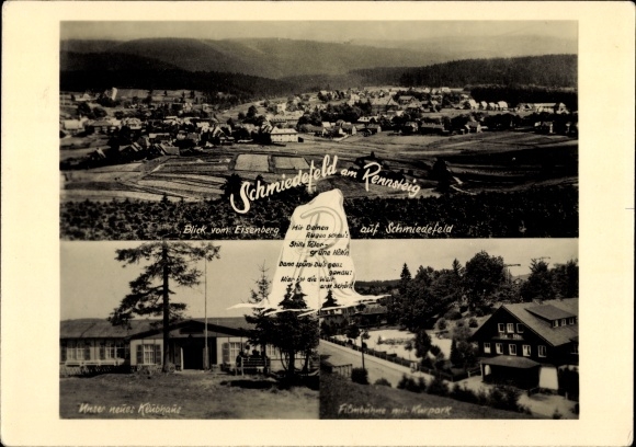 Postcard Schmiedefeld am Rennsteig Thuringia, clubhouse, film stage with spa gardens, view from the Eisenberg