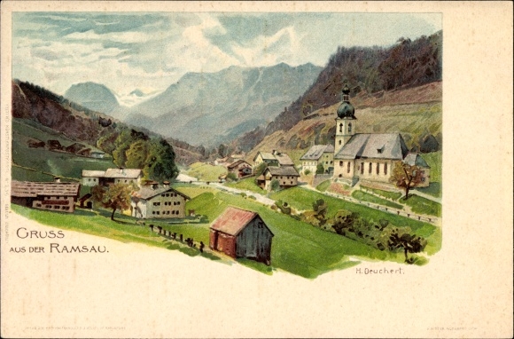 Artist Chromo-Litho Deuchert, H., Ramsau in Berchtesgadener Land Upper Bavaria, place, church