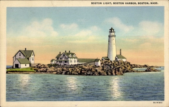 Postcard Boston Massachusetts USA, harbor with lighthouse