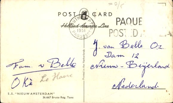 Postcard HAL steamer Nieuw Amsterdam, Holland-America Line