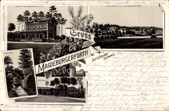 Litho Magdeburgerforth Möckern im Jerichower Land, Bahnhof, Totalansicht