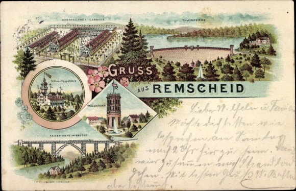 Chromo-Litho Remscheid in the Bergisches Land, exhibition building, dam, castle, water tower, bridge
