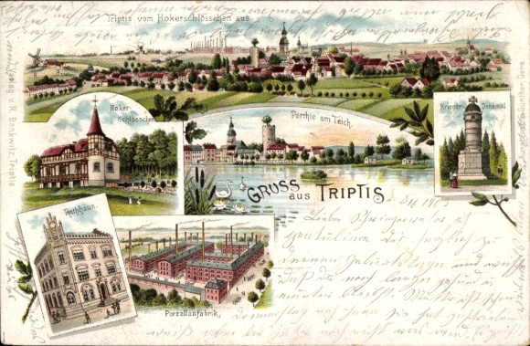 Litho Triptis in Thüringen, Teich, Kriegerdenkmal, Porzellanfabrik, Schlösschen, Rathaus