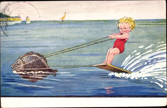Artist PC Wills, John, child water skiing, fish