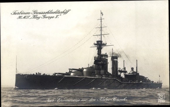 Postcard British warship HMS King George V., turbine battleship, Royal Navy, Kiel Week