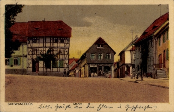 Postcard Schwanebeck in the Harz Mountains, market square, old half-timbered houses