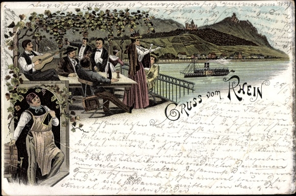 Chromo-Litho greetings from the Rhine, inn, saloon steamer