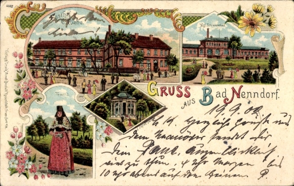 Ak Bad Nenndorf an der Weser, Blick auf Gebäude, Frauen in Trachten, Gartenansicht, postale Grüße