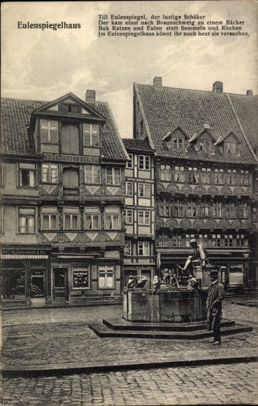 Ak Braunschweig in Niedersachsen, Eulenspiegelhaus, Till Eulenspiegel, Brunnen,  Gebäude