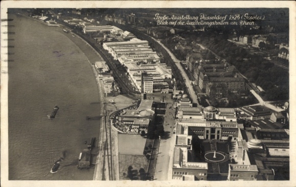 Ansichtkaart Düsseldorf am Rhein, luchtfoto, zicht op de beurshallen, grote tentoonstelling 1926