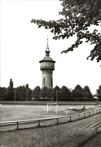 Postcard Forst in der Lausitz, water tower, stadium, sports field, trees, black and white photo, GDR