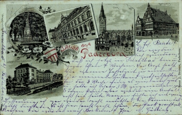 Moonlight litho Paderborn in Westphalia, post office, cathedral, town hall, war memorial