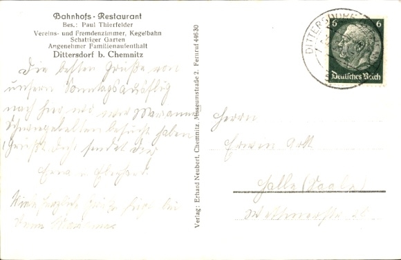 Postcard Dittersdorf Amtsberg in the Ore Mountains, station restaurant, train station, Green Valley