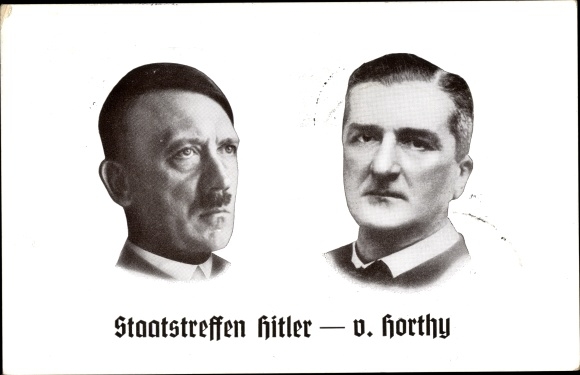 Postcard Führer and Chancellor Adolf Hitler, Miklos von Horthy, state meeting