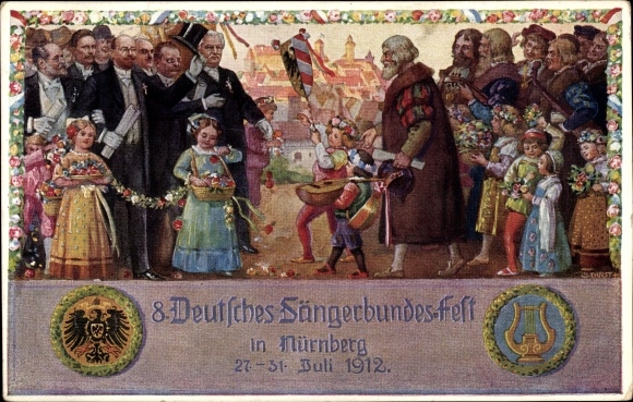 Postal stationery artist PC Durst, J., Nuremberg in Middle Franconia, 8th German Singers&#39; Festival 1912
