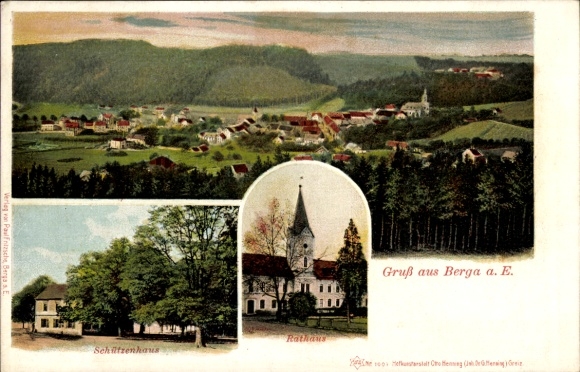 Ak Berga an der Weißen Elster Thüringen, Schützenhaus, Rathaus, Panorama