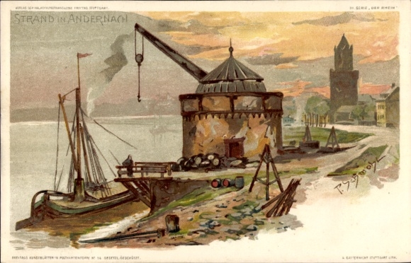 Artist Chromo-Litho Schmohl, P., Andernach in the district of Mayen Koblenz, party on the beach, crane