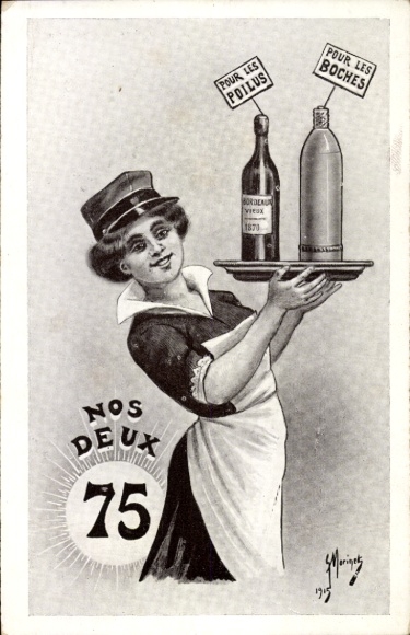 Artist Postcard Our two 75, woman, wine bottle for French soldiers, projectile for the Germans