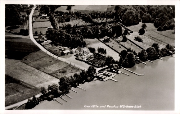 Postcard Steinebach Walchstadt Wörthsee in Upper Bavaria, restaurant Wörthsee Blick, aerial photograph