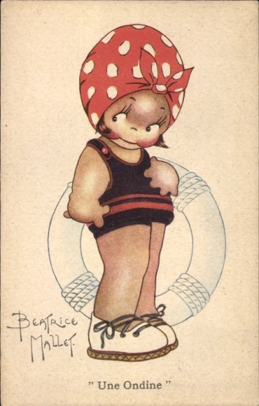 Artist Postcard Mallet, Beatrice, girl in swimsuit, lifebuoy