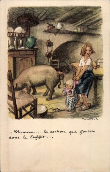 Kunstenaarskaart Poulbot, Francisque, kinderen en varken in een keuken