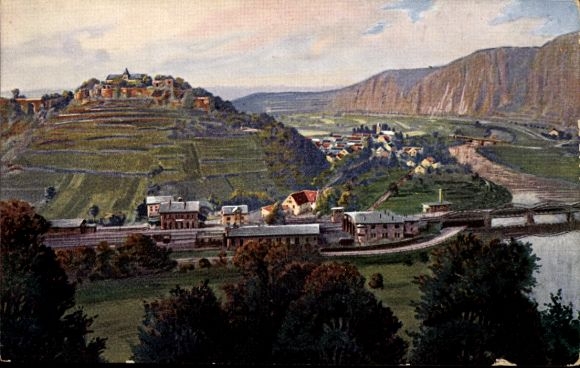 Ak Bad Münster am Stein Ebernburg, uitzicht op wijngaarden, rivier, spoorlijnen, huizen