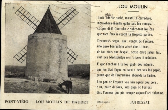 Postcard Fontvieille en Provence Bouches du Rhône, Font Vieio, Lou Moulin de Daudet, poem