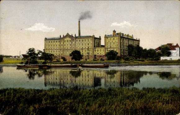 Ak Hamburg Wilhelmsburg, historisch gebouw, waterweg, boten, groene omgeving