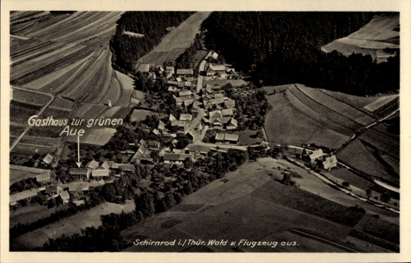 Postcard Schirnrod Sachsenbrunn Thuringia, aerial photograph, Gasthaus zur grünen Aue