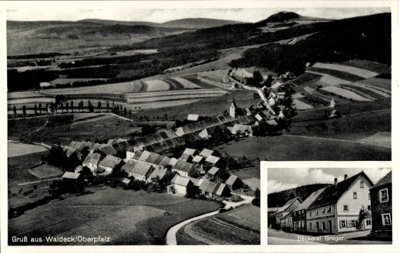Postcard Waldeck Kemnath in the Upper Palatinate, aerial photograph, Bakery Greger