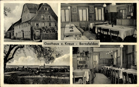 Postcard Bernsfelden Igersheim an der Tauber, Inn and Butcher's Shop at the Cross, View of the Town