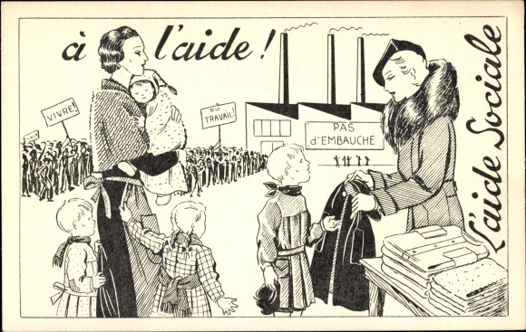Postcard Boulogne Billancourt Hauts de Seine, Aid Committee for the unemployed, social assistance, Kleiderspende
