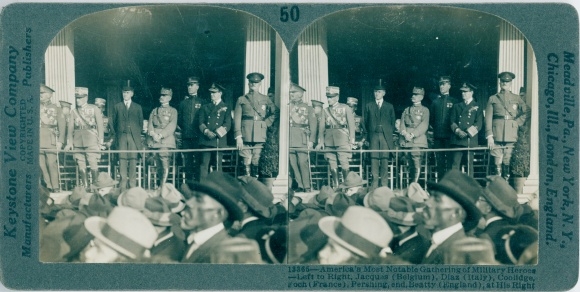 Stereofoto Kansas City Kansas USA, Militaire Helden van de Eerste Wereldoorlog, WO I, Pershing, Beatty, Diaz