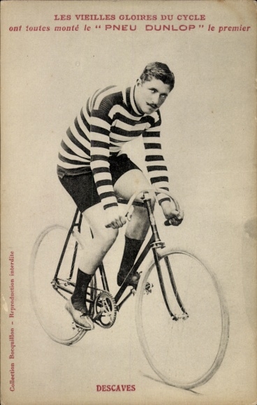 Postcard cycling, cyclist Descaves, tire Dunlop, advertising