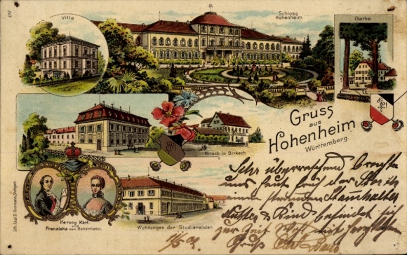Studentika Chromo-Litho Hohenheim Stuttgart Baden Württemberg, Castle, Garbe, Duke Karl, Gasthof Hirsch