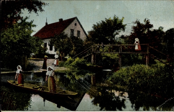 Postcard Kannomühle Alt Zauche Wußwerk, boat in the Spreewald, traditional costumes