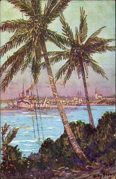 Künstler Ak Stöwer, Willy, Daressalam Tansania, Kriegsschiff, Palmen, Kolonialkriegerdank