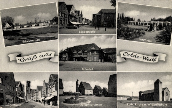 Ak Oelde im Münsterland, zwembad, treinstation, kerk, Wibbeltschule, Josephsbrunnen