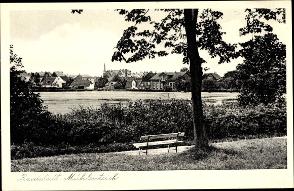 PC Bredstedt in Holstein North Frisia, partial view, mill pond, bench